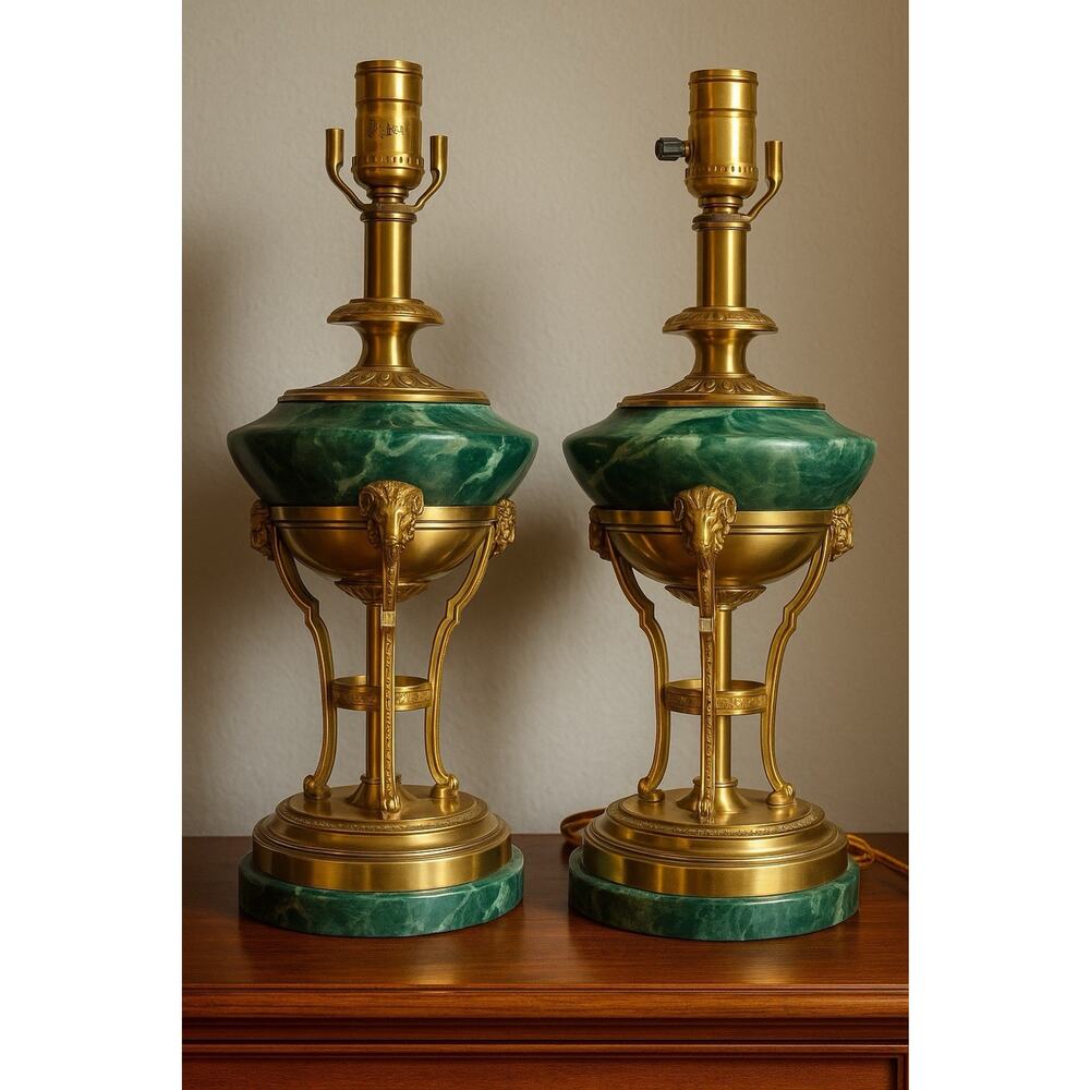 Pair Vtg Frederick Cooper Brass Green Marble Malachite Lamps Hollywood Regency